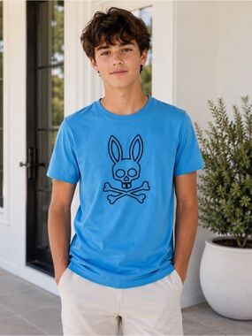 NWOY Psycho Bunny Boys Graphic T-Shirt Light Blue Embroidered Bunny Logo Size L